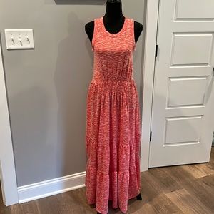 Sleeveless orange and white maxi dress